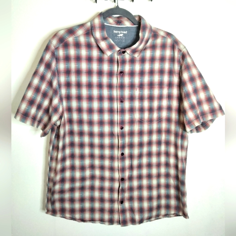 Horny Toad (Sz L) Men's Organic Cotton Multicolored Plaid Button Down SS Shirt